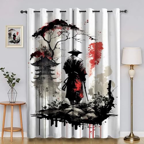 Cortinas Opacas Térmicas Aislantes 2 Piezas - 100x160cm, SamuráI de Estilo JaponéS, Cortinas Decoración Salón/Dormitorio, con Anilla de Cortina CLA68