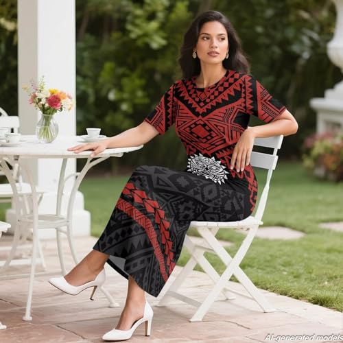Image of Polynesian Dress for Women Short Sleeve High Waist Maxi Skirt | Puletasi dress, t-shirt and skirt two-piece, elastic material, lightweight, soft, plus size, luau party, wedding, clubwear