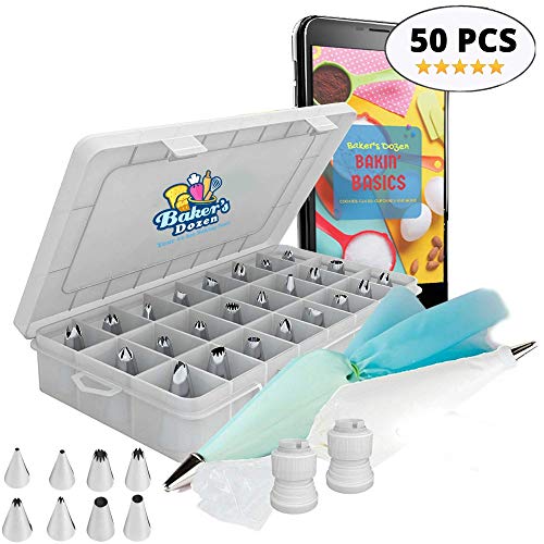 Baker’s Dozen Premium Cake Decorating kit 50pcs.Cake Decorating Supplies/Baking Supplies-36pc Numbered Piping Tips,Silicone