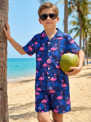 Image of DAXIANG Boys 2 Piece Hawaiian Outfit Summer Button Down Shirt and Pocket Short Sets Beach Vacation Clothes for Kid Size 3-10