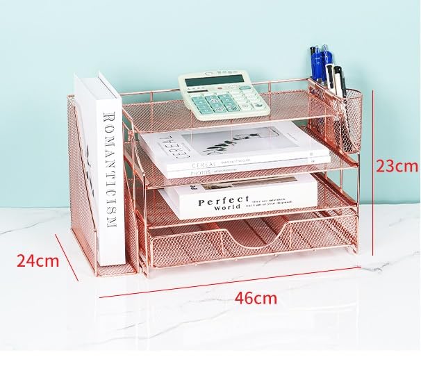 Organizzatore Scrivania OPNICE Desk Organizers And Accessories, Organizer with Drawer, 4-Tier Paper Tray with 2 Pen Holders + File Holder, Office for Supplies(Rose Gold) Ufficio(A)