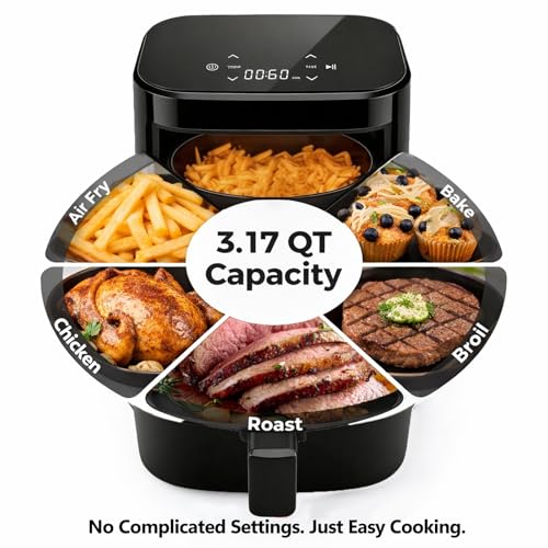 Image of Simple Deluxe 8-in-1 Air Fryer 3 Qt, Digital Preset Airfryer with Overheat Protection and Auto Shut-Off, Nonstick and Dishwasher-Safe Basket for Fries, Bake, 60-Min Timer, Max 400F, 800W, Black