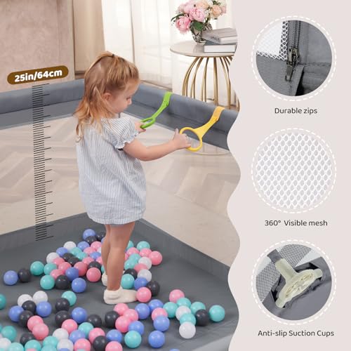 Image of Dripex Baby Playpen, 71 inchx59 inch Large Play Pen for Babies, Light Grey | Included Portable Bag / Pull up Rings, Breathable Visible Mesh, Anti-Fall Design, Easy Setup, Indoor /Outdoor Use