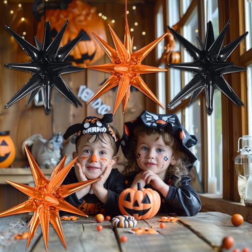Image of TONIFUL 4 Pcs Explosion Star Balloons Black and Orange Foil Party Decor | 22 Inch Large Mylar Star Balloon for Halloween Party Decor Graduation Sport Themed Birthday Baby Shower Photo Booth Supplies
