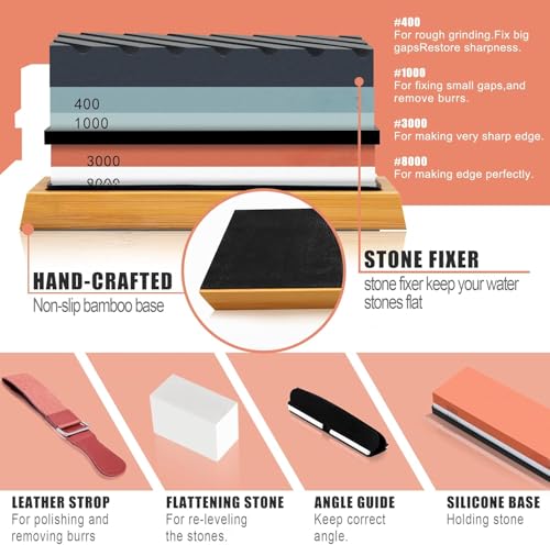 Image of Knife Sharpening Stone Set, Professional Whetstone 4 Side Grit 400 /1000 3000 /8000, Whetstone Knife Sharpener Stone Set Include Non-Slip Base, Leather Strop, Flattening Stone & Angle Guide