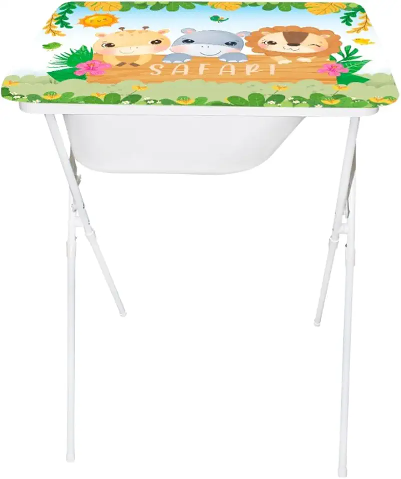 Banheira Infantil com Trocador Safari Creative Dobrável até 20kg | Suporte, Mangueira, Saboneteira e Trocador Almofadado – Bebê RN até 1 Ano