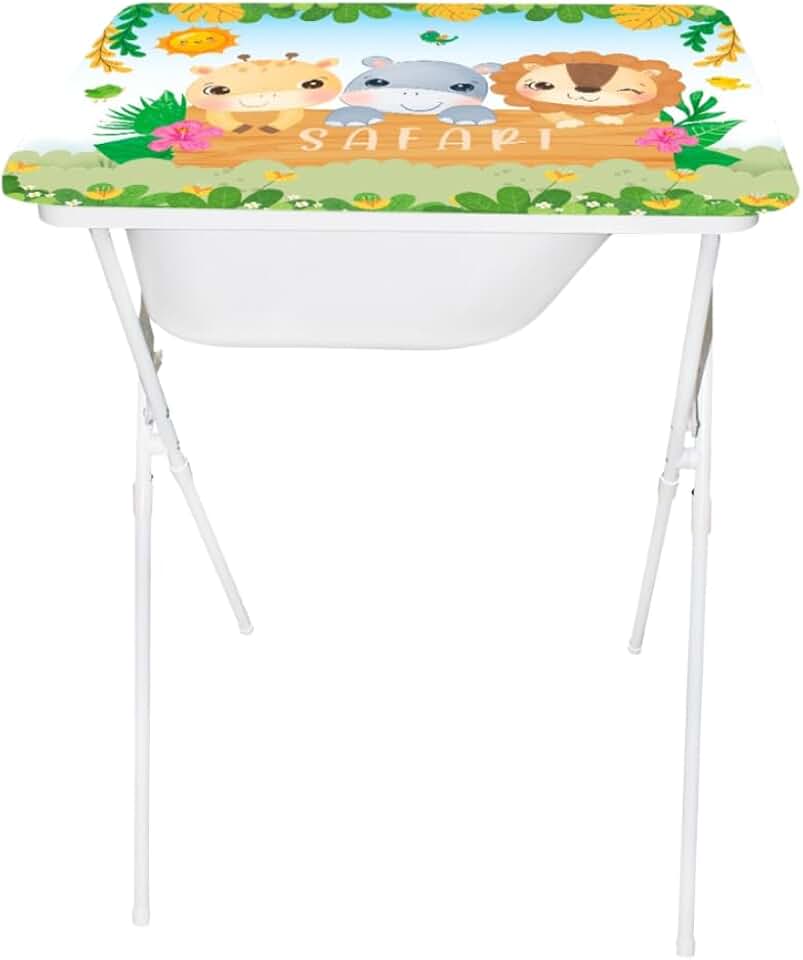 Banheira Infantil com Trocador Safari Creative Dobrável até 20kg | Suporte, Mangueira, Saboneteira e Trocador Almofadado – Bebê RN até 1 Ano