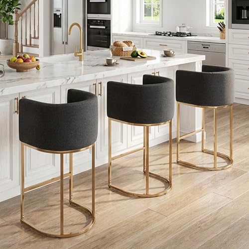 Image of HNY Modern Barrel Counter Height Bar Stools Set of 2, 29 Inch Charcoal Linen Kitchen Barstools with Back for Island, with Gold Metal Tubular Frame
