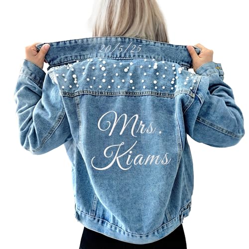 Custom Pearl Denim Jacket for Bride, Personalized Wedding Bridal with Name, Customized Wifey Jacket, Gift for Bride, Future Mrs