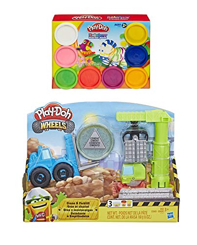 PD Play Doh Wheels Crane and Forklift Construction Trucks Play Set + Play Doh Rainbow Starter Pack