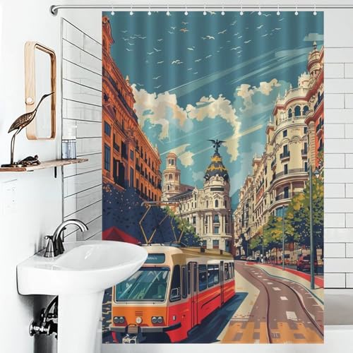 POLIUAWS Madrid Street Scene Rideaux De Salle De Bain Lavables Et Élégants pour La Maison Au Quotidien, Style Art Moderne, pour Caravane...