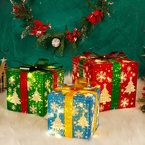 Guoou Set Of 3 Lighted Gift Boxes Christmas Decorations, 60 Led Lighted Snowflake Christmas Tree Present Boxes, Christmas Home Gift Box Decorations #TOP6