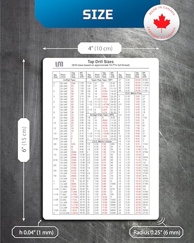 Image of Useful Magnet Inch /Metric Size Guide for Cutting & Forming Taps | 4 inch x 6 inch Waterproof Magnetic Chart for CNC Machines, Metalworking, Drill Press | Includes UNC, UNF, ISO, NPT, NPTF Thread Sizes