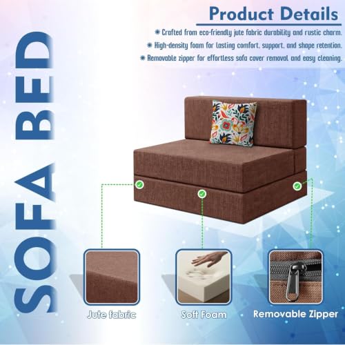 Image of Los Angeles Foldable One Seater Sofa Cum Bed, Sofa Bed 3 X 6 Feet Jute Fabric Washable Cover- Including One Printed Cushion Perfect for Living Room & Office, Guest Room - Brown Color