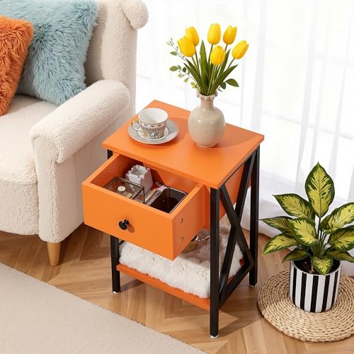 Image of VECELO Nightstand,Modern Bedside End Table, Night Stand with Drawer and Storage Shelf for Living Room Bedroom, Industrial Metal Frame