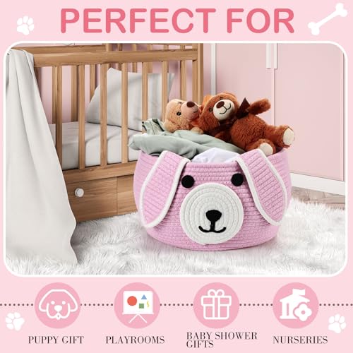 Image of Zopeal Dog Woven Basket Cute Woven Cotton Rope Puppy Animal Storage Basket for Laundry Toy Gift(Pink,13 x 8 Inch)