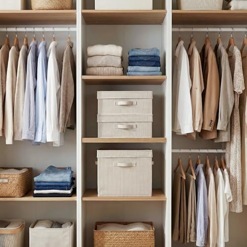Image of StorageWorks Storage Bins with Lid, Decorative Fabric Storage Bins with Handles, Stackable Closet Organizers for Shelves and Bedroom, Small, Khaki and Beige Stripes, 2-Pack