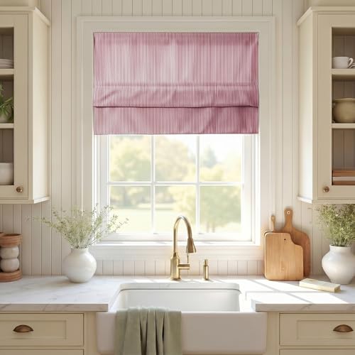 Image of TWOPAGES No Drill Cordless Farmhouse Ticking Stripe Roman Shades Roman Blinds for Windows, Custom Made Light Filtering Blackout Blinds Shades for French Door, Red Pinstripe, 1 Piece