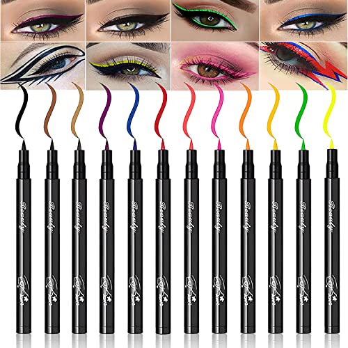 12 Colors Liquid Eyeliner Colorful Set,Sponge Soft-Tip Silk Pen Quick-Drying Colored Eyeliners Liquid,Neon Colored Waterproof Smudge-Proof Smooth Eyeliner Pen