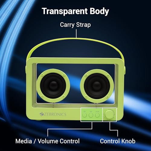 Image of ZEBRONICS Sound Feast 75, Portable Bluetooth Speaker, 14 Watts, 10 Hours Playback, Transparent Body, Dual 6.6 cm Drivers, Carry Strap, Bluetooth v5.3 | TWS | mSD | AUX (Green)