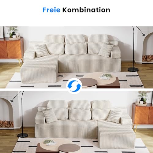 HOMRELEXA 276cm Sofa mit hoher Rückenlehne, L-Form Schlafsofa aus Cordstoff, 3-Sitzer mit Ottomane Links oder rechts, Relaxsofa für Wohnzimmer, freistehend, Keine Montage(Weiß)