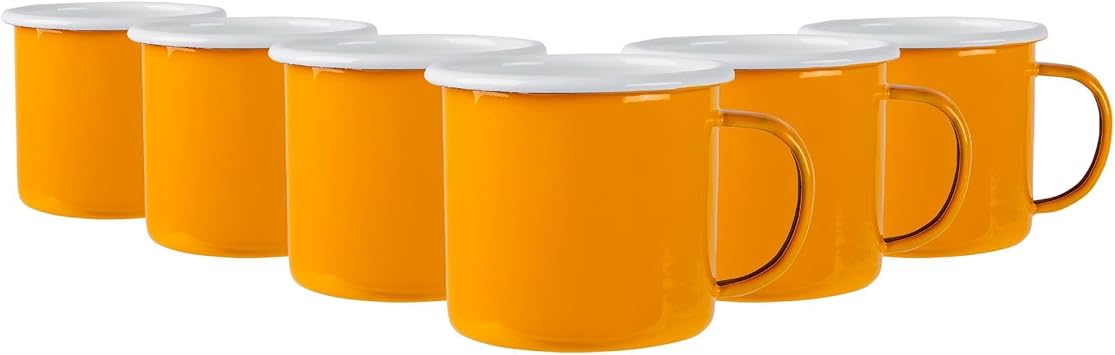 Argon Tableware Enamel Mugs - 375ml - Yellow - Set of 6 Metal Drinking Cups Coffee Teacup Mug Set Hot, Cold Drinks Cups for Home, Kitchen, Dining, Travel, Camping, Hiking & Outdoor Use