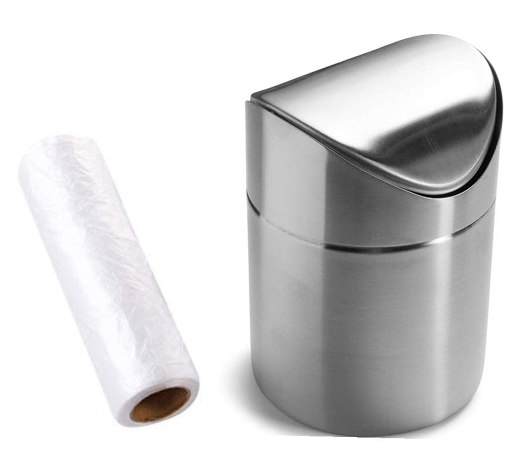 ZHOUWHJJ 2 Packs Mini Countertop Brushed Stainless Steel Swing Lid Trash Can Set, Come with Trash Bag, 1.5 L / 0.40 Gal, Silver