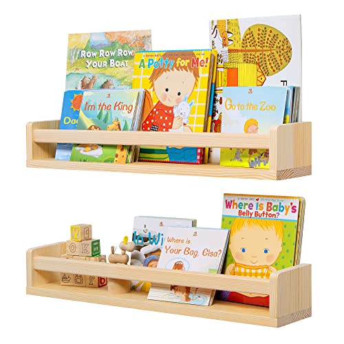 Image of Fun Memories Nursery Book Shelves, 24Inch Floating Shelf for Wall, Wall Bookshelf for Kids Solid Wood Wall Mounted Shelves for Books,Toys and Decor Storage, Set of 2