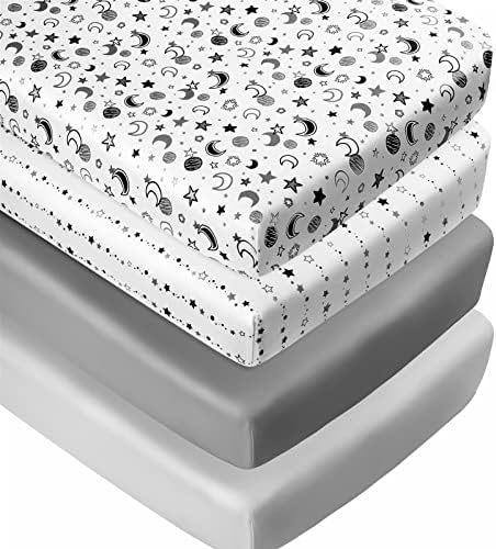 FIGEPO 4 Pack Star and Moon Neutral Unisex Fitted Baby Crib Sheets Set for Baby Boys or Girls (White)