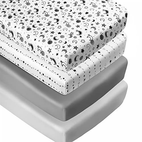 Image of FIGEPO 4 Pack Star and Moon Neutral Unisex Fitted Baby Crib Sheets Set for Baby Boys or Girls