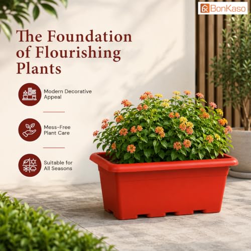 Image of Bonkaso 17 Inch Rectangular Planter, Set of 3|UV Resistant Plastic Flower Pot for Balcony Railing, Window Sill & Terrace Garden | Rectangular Indoor & Outdoor Plant Pot, Terra Red