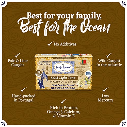 Image of Santo Amaro - Artisanal Wild Tuna Fillets in Olive Oil & Ginger, Pole & Line Wild Caught Tuna from Portugal, Hand-Packed Bali-Style Canned Tuna Fish, 22g Protein, Paleo, Keto, Low Mercury, Pack of 6