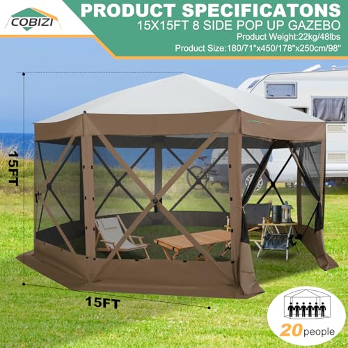 Image of COBIZI 15x15 FT Pop Up Gazebo - Canopy Tent, Large Gazebos On Clearance,Instant Screened in Gazebo,carpas para Patio,Portable Screen Tents for 12-15 Persons Outdoor Camping, Backyard, Brown