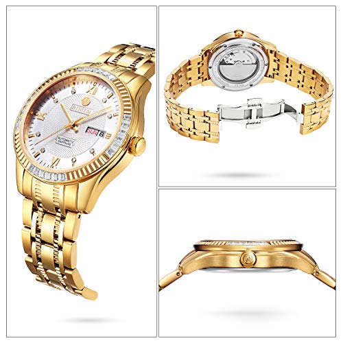Image of BINLUN Men's Automatic Gold Watches 18K Gold Plated Diamond Mechanical Watch Waterproof Stainless Steel Skeleton Wrist Watch for Men