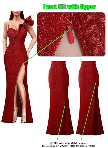 Image of VFSHOW Womens Ruffle One Shoulder Strap Ruched Formal Prom Wedding Maxi Dress V Neck Elegant Split Cocktail Evening Long Gown