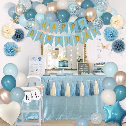 Blue Birthday Party Decorations, Dusty Blue Sand Confetti Gold Balloons Happy Birthday Banner Fringe Curtains Butterfly Hanging Swirls Circle Dots Tassels Pom Boys Men Girls Women 15th 16th 21st - Image 8