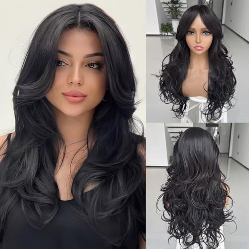 Jadeadyseg Natural Black Layered Wig Long Wavy Wigs with Curtain Bangs...