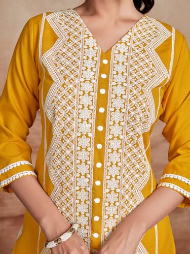 Image of EthnicJunction Women's Cotton Rayon Regular Fit Chikankari Embroidery Stright Kurta