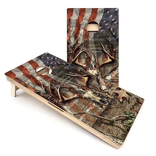 Skip's Garage Deer Skull USA Flag All-Weather PVC Cornhole Boards - Includes (2) Boards (NO Bags) + (1) Carry Case, (2) Hole Lights & (2) Edge Lights