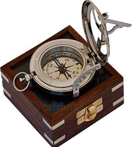Brújula de latón Royalmart con reloj de sol, mecanismo de botón de presión y grabado vintage estilo steampunk miniatura 1