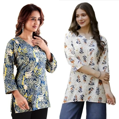 Image of Women's Cotton Printed Short Kurti, Round Neck, Three Quarter Sleeve, Straight Fit, Pack of 2