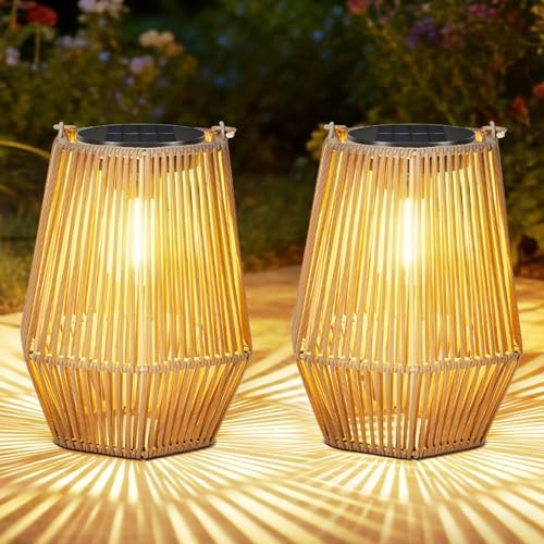 2 Pack Solar Lanterns Outdoor Waterproof, Hanging Rattan Woven So...