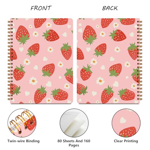 Image of MQBMQB 2Pcs Strawberry Pink Spiral Notebooks for Women, Notebook College Ruled, Pink Notebook Travel Journal for Writing, Cute Diary Strawberry Gifts for Women, A5(8.3x5.8inch)