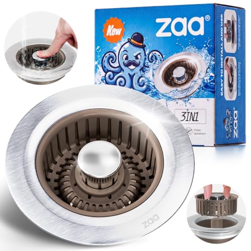 Image of Upgraded 3in1 Kitchen Sink Drain Strainer & Sink Stopper, Stainless Steel Kitchen Drain Plug & Cover with Anti-Clogging Basket Strainer, Fit US Standard 3-1 /2'' Sink Drain Hole, Brown