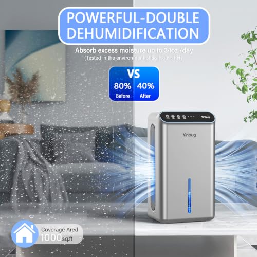 Image of Dehumidifier for Home (98 OZ, 1000 sq ft), Small Quiet Dehumidifiers with Drain Hose, Auto Shut-Off, Sleep Mode, 3 Timer Modes, for Bedroom, Bathroom, Basement (CT6-Grey)