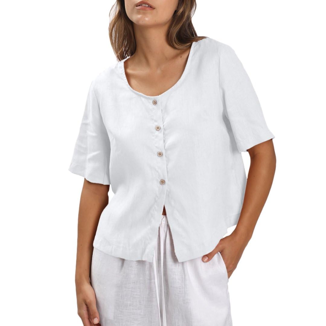 Amazhiyu Camicetta da donna a maniche corte in 100% lino, scollo quadrato, con bottoni