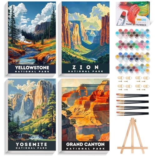 4 Pack Framed Paint by Numbers Kit for Adults with Wooden Easel National Parks Easy Paint by Numbers with Frame for Beginners Adult Paint by Number Kits Framed Canvas for Home Decor Gift 8x12 Inch