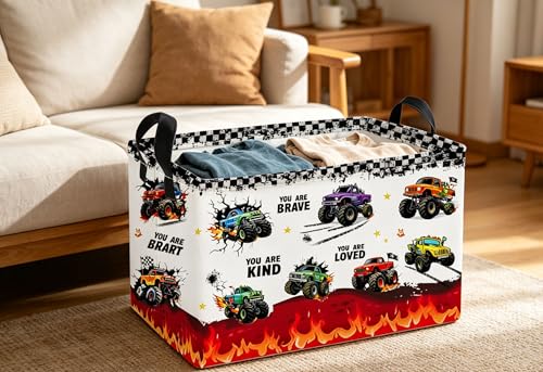 Image of Essme Rectangular Car Baskets,Monster Truck Storage Box,Cute Basket with Handles for Room Decor, Book Bins,Shelf Basket.(Flame truck)