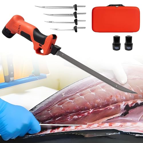 Cuchillo eléctrico inalámbrico for filetear con 4 hojas antiadherentes recubiertas y 2 baterías de iones de litio/bloqueo de seguridad, cuchillo eléctrico recargable for pesca al aire libre.