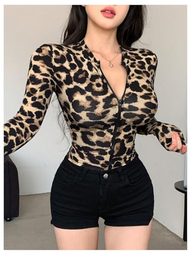GORGLITTER Women's Leopard Print Workout Cropped Jacket Y2k Zip Up Cheetah Animal Lightweight Fitted Athletic Jackets4